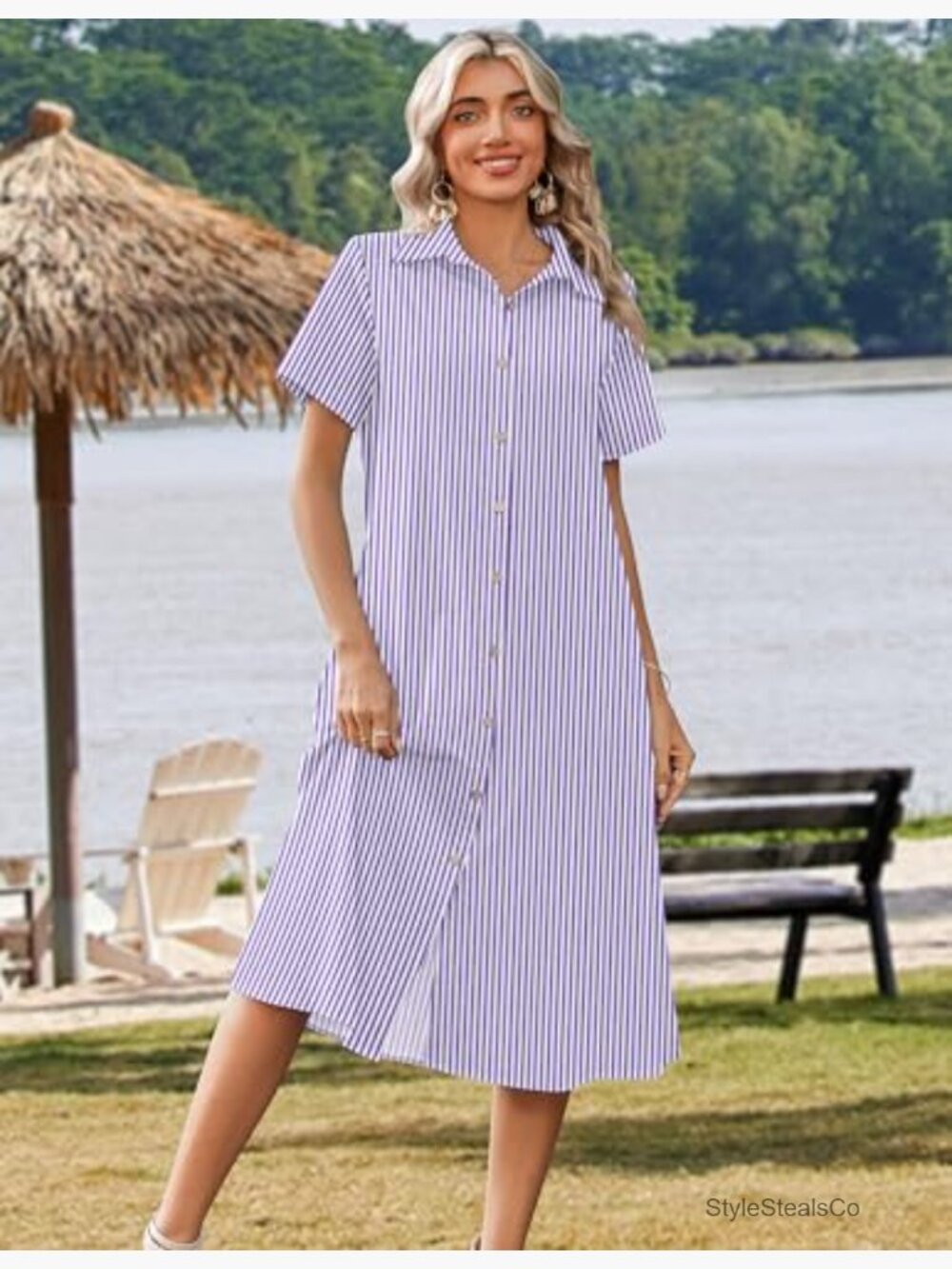 Summer Midi Button Down Shirt Dress A-Line Short Sleeve Beach Cover Up - Picture 2 of 7